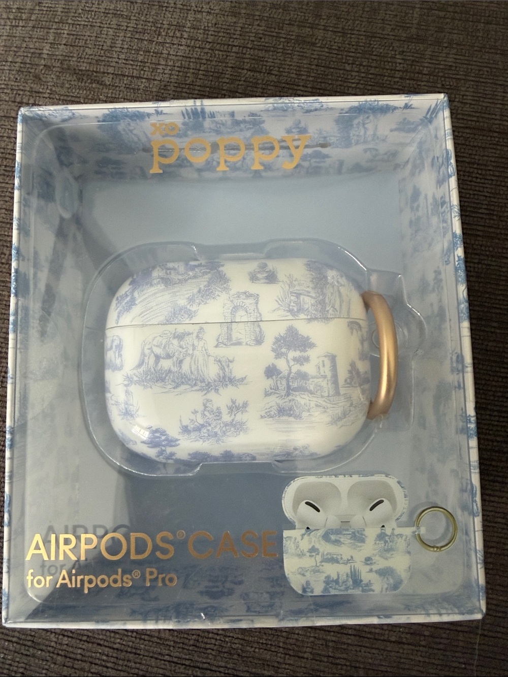 Poppy Blue Toile AirPods Pro Case with Gold Clip